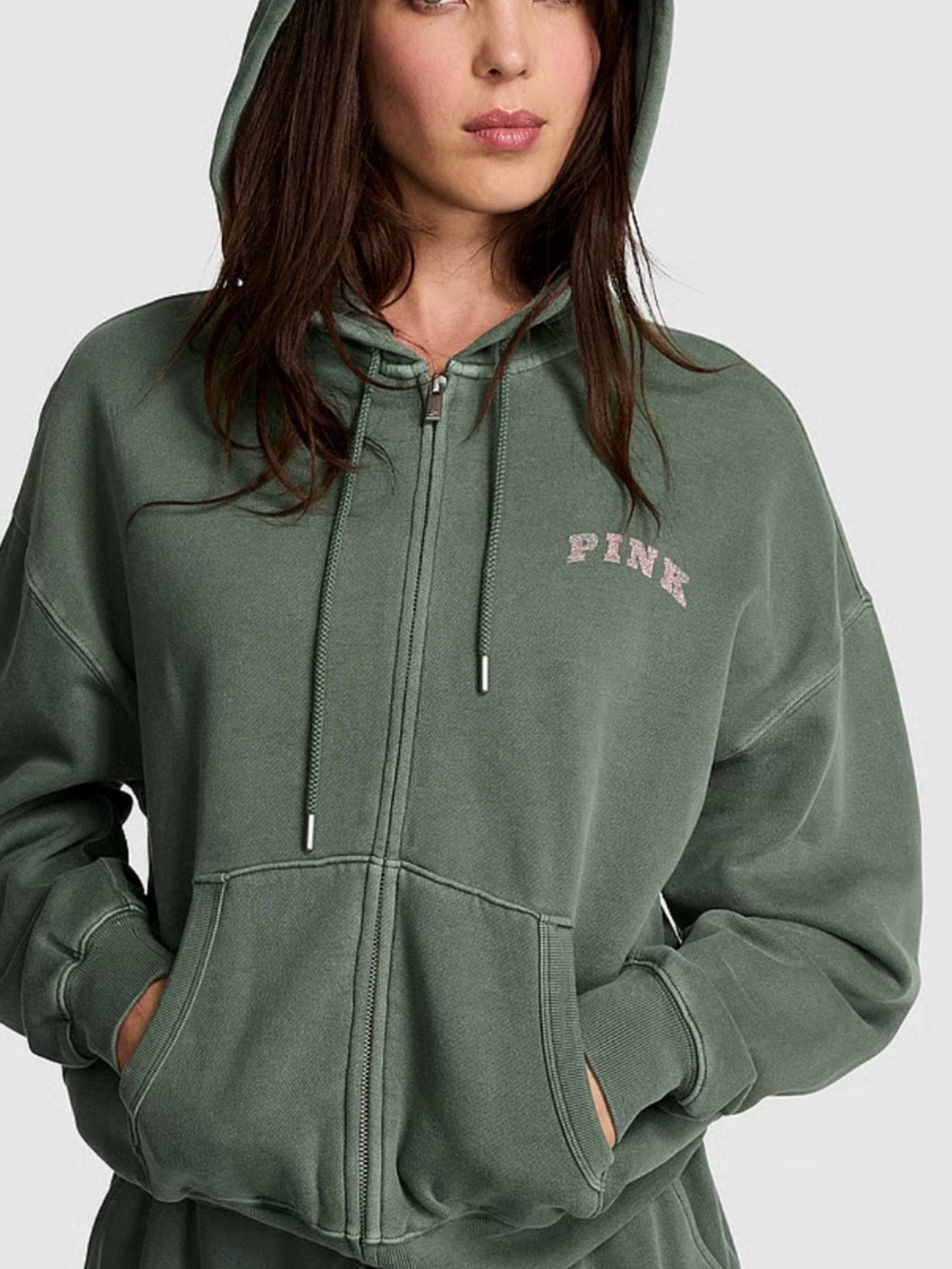 PINK Victoria's Secret Olive Green Full-Zip Hoodie with Pink Logo